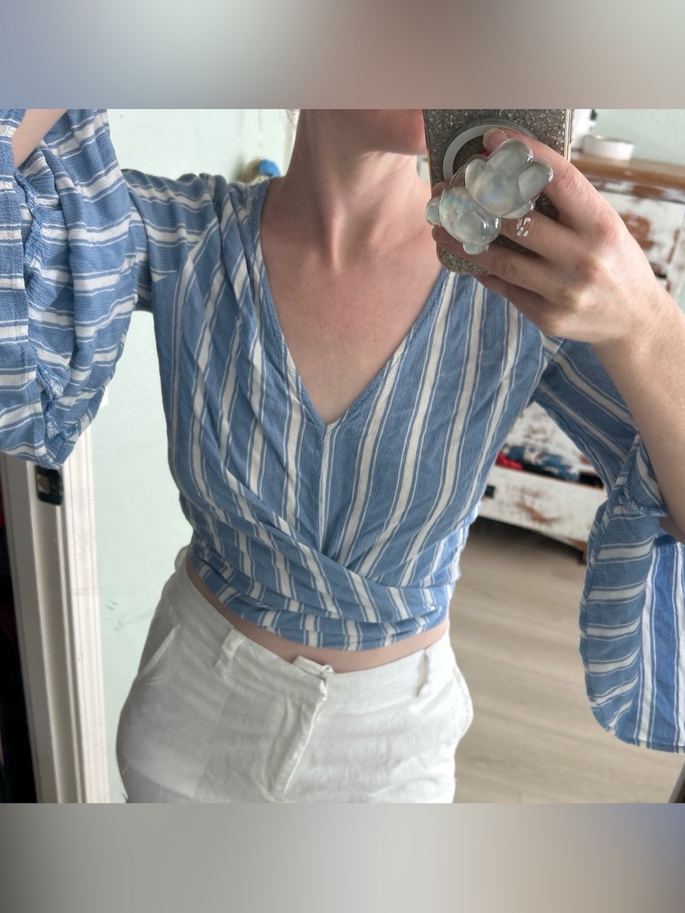 Blue Striped Wrap V-Neck Women's Wrap Top